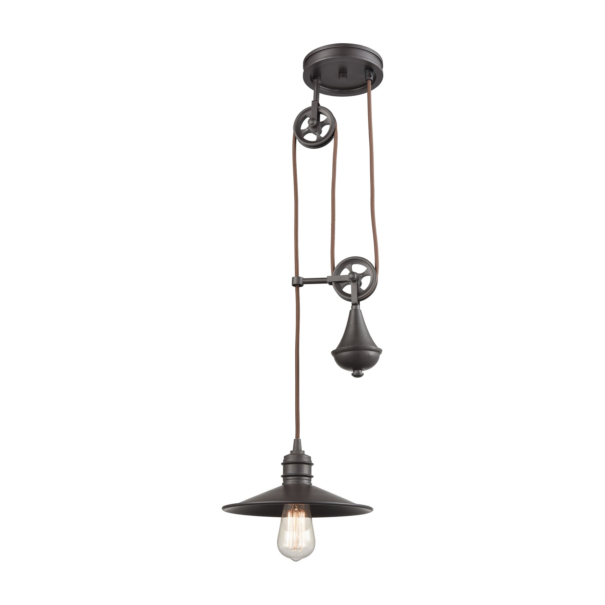 Spindle Wheel 1-Light Adjustable Pendant in Oil Rubbed Bronze with Matching Shade ELK Lighting | Pendant Lamps | Modishstore