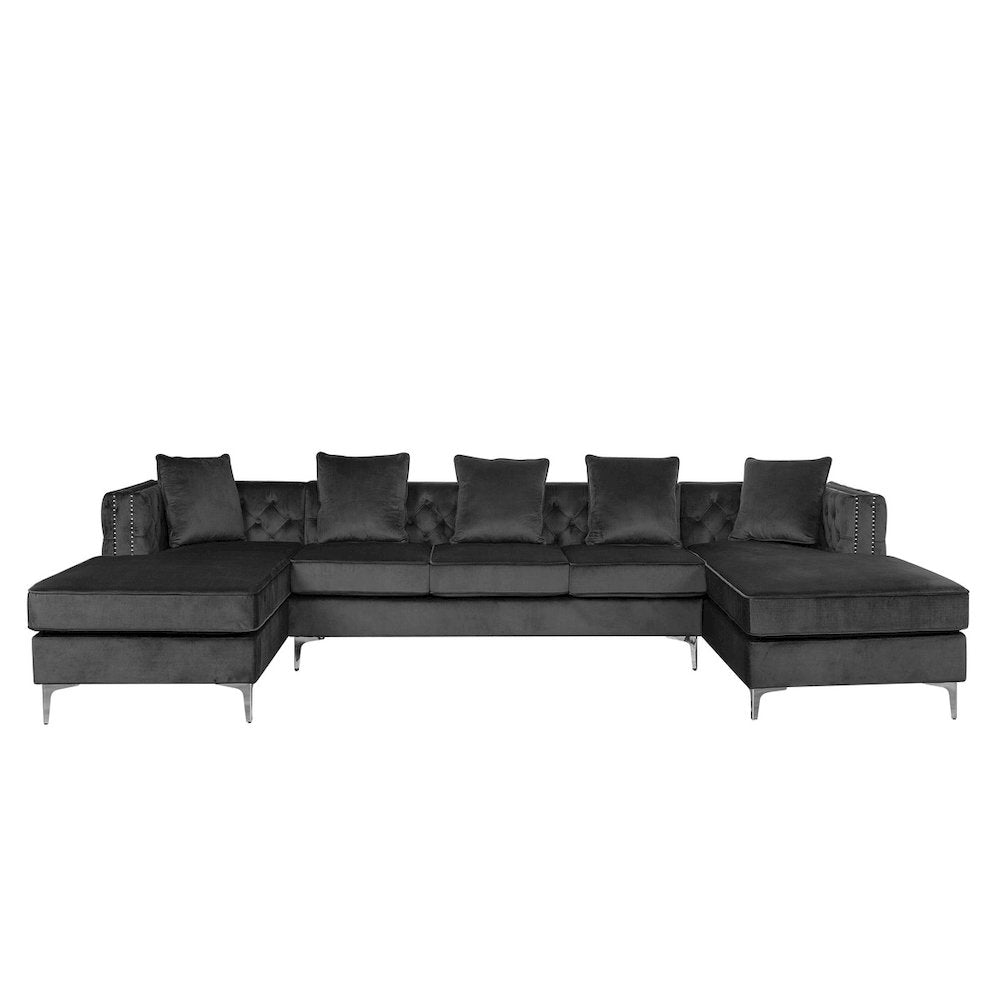 Ryan Dark Gray Velvet Double Chaise Sectional Sofa with Nail-Head Trim By Lilola Home | Sofas | Modishstore-2
