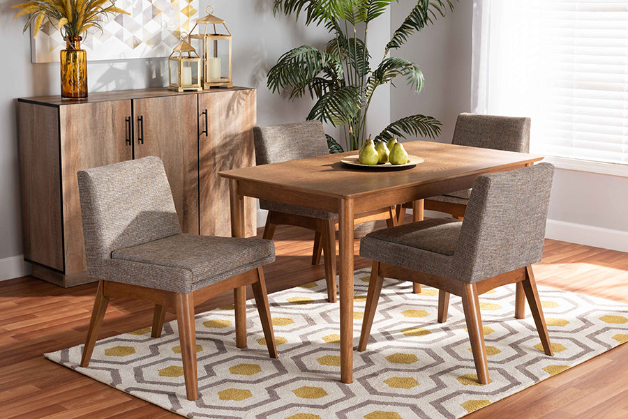 Baxton Studio Nexus Mid-Century Modern Gravel Fabric Upholstered and Walnut Brown Finished Wood 5-Piece Dining Set | Dining Sets | Modishstore
