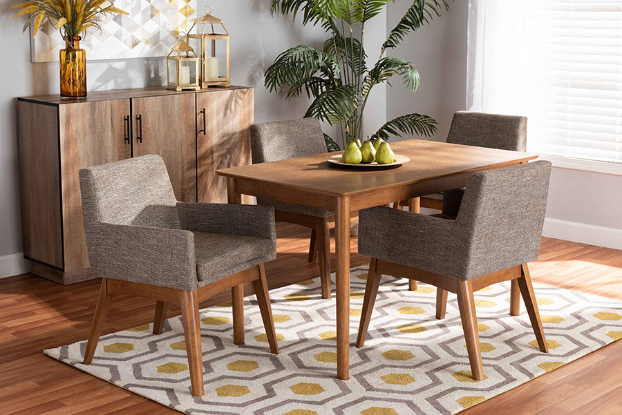 Baxton Studio Dorina Mid-Century Modern Gravel Fabric Upholstered and Walnut Brown Finished Wood 5-Piece Dining Set | Dining Sets | Modishstore