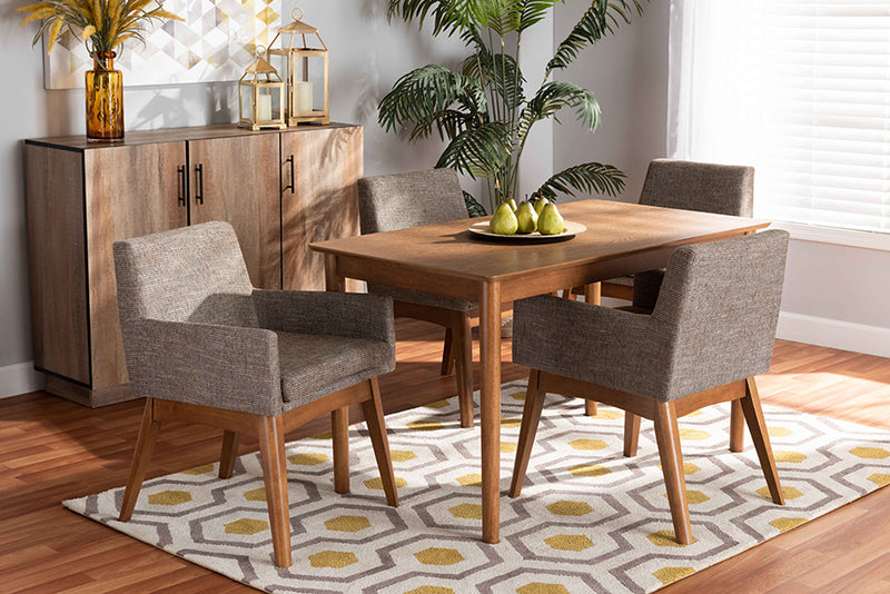 Baxton Studio Dorina Mid-Century Modern Gravel Fabric Upholstered and Walnut Brown Finished Wood 5-Piece Dining Set | Dining Sets | Modishstore