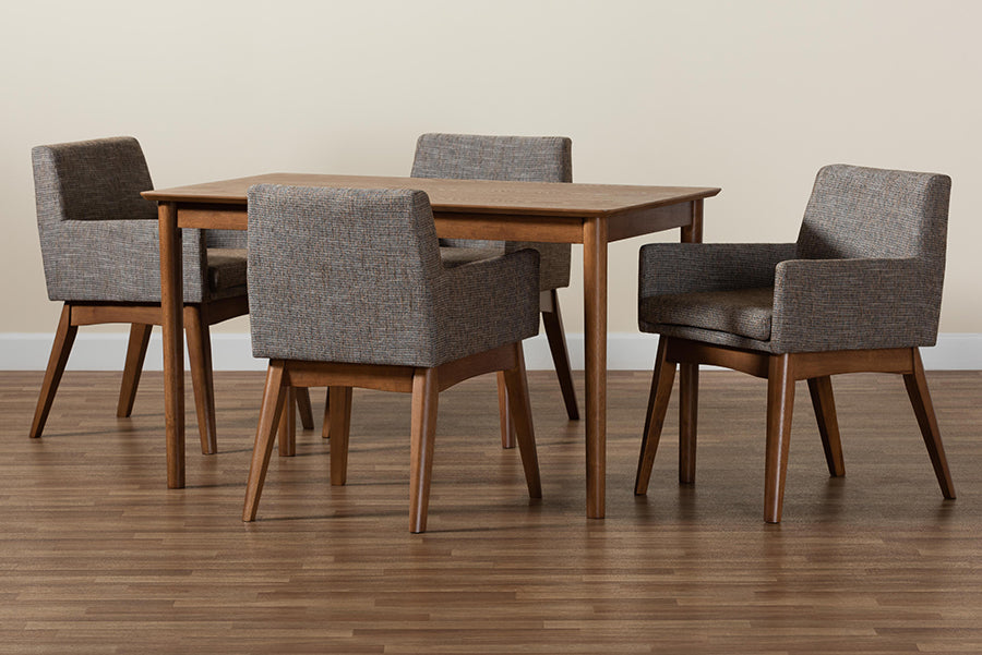 Baxton Studio Dorina Mid-Century Modern Gravel Fabric Upholstered and Walnut Brown Finished Wood 5-Piece Dining Set | Dining Sets | Modishstore - 3