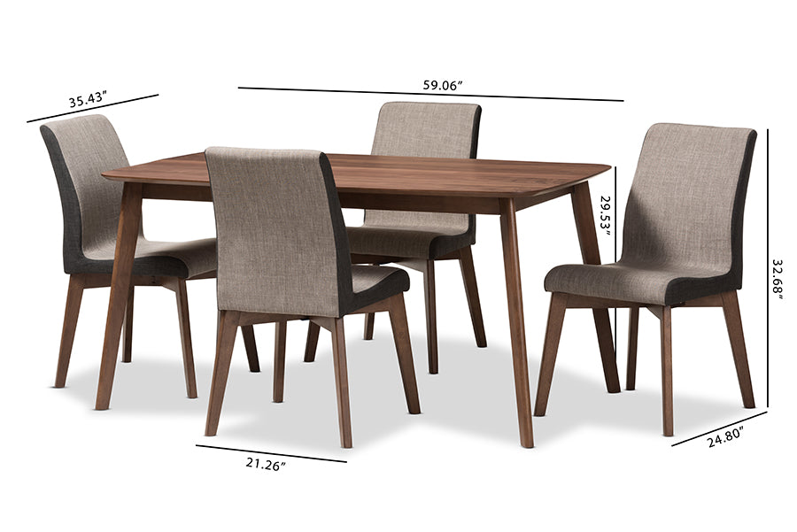 Baxton Studio Kimberly Mid-Century Modern Beige and Brown Fabric 5-Piece Dining Set | Dining Sets | Modishstore - 4