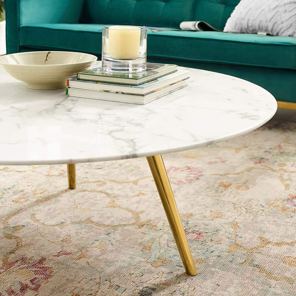 Modway Lippa 40" Round Artificial Marble Coffee Table with Tripod Base in Gold White - EEI-3672 | Coffee Tables | Modishstore - 2