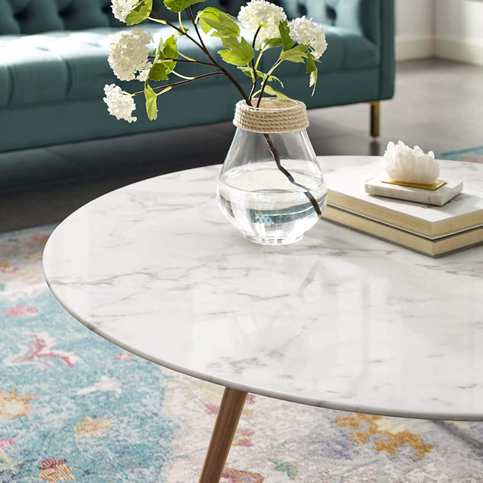 Modway Lippa 40" Round Artificial Marble Coffee Table with Tripod Base in Walnut White - EEI-3668 | Coffee Tables | Modishstore - 2