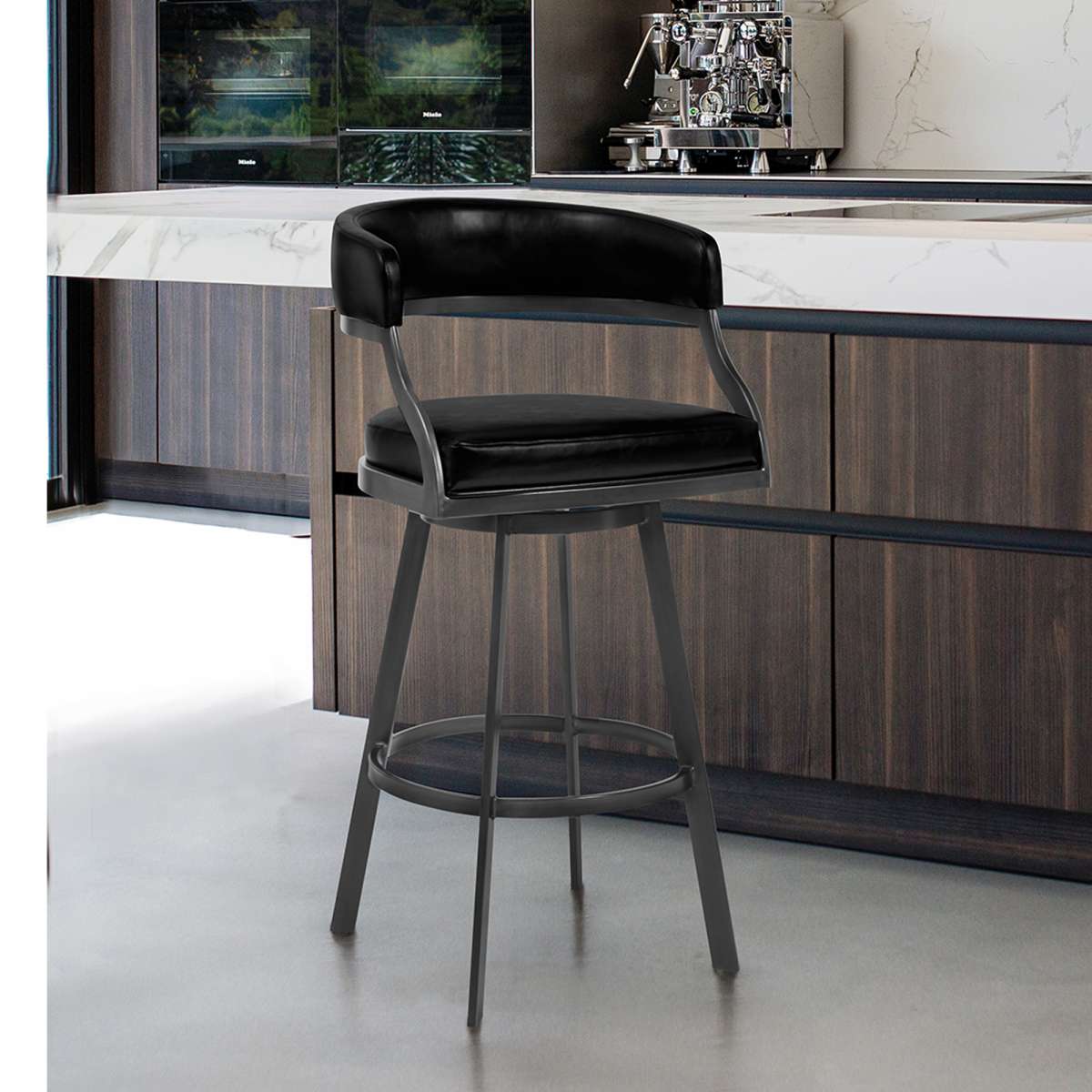 Dione 30" Bar Height Barstool in Mineral Finish and Vintage Black Faux Leather By Armen Living | Bar Stools | Modishstore