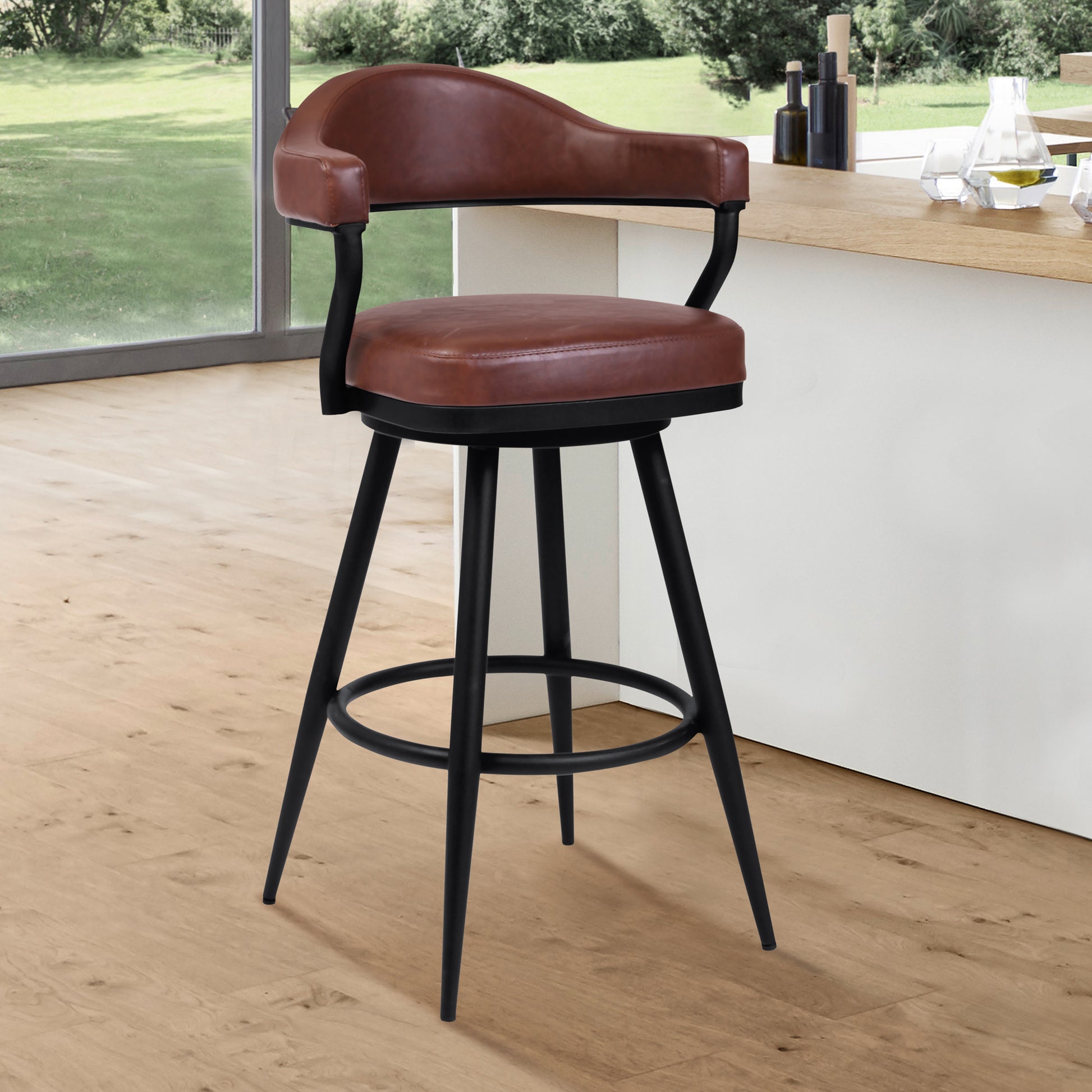 Amador 26" Counter Height Barstool in a Black Powder Coated Finish and Vintage Coffee Faux Leather By Armen Living | Bar Stools | Modishstore