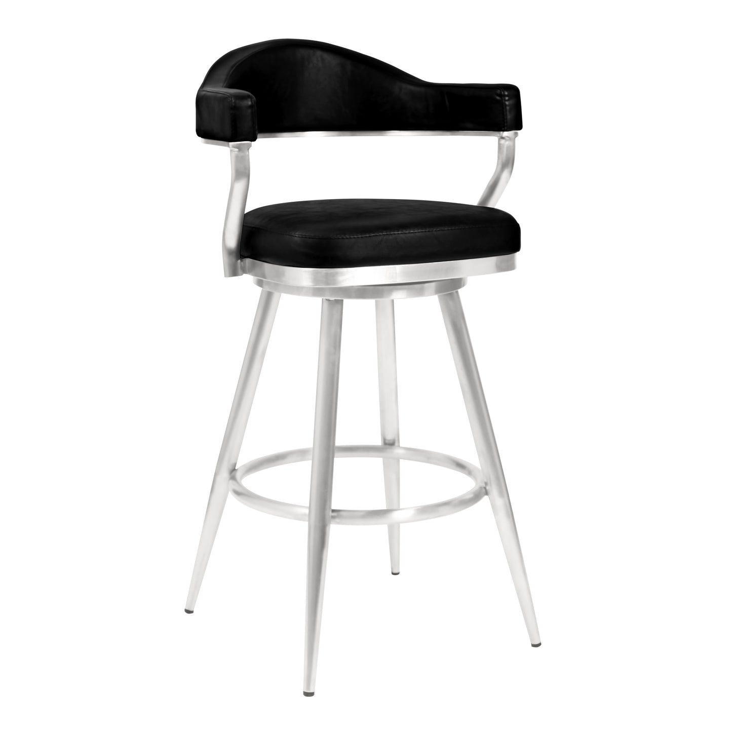 Amador 30" Bar Height Barstool in Brushed Stainless Steel and Vintage Black Faux Leather By Armen Living | Bar Stools | Modishstore - 2