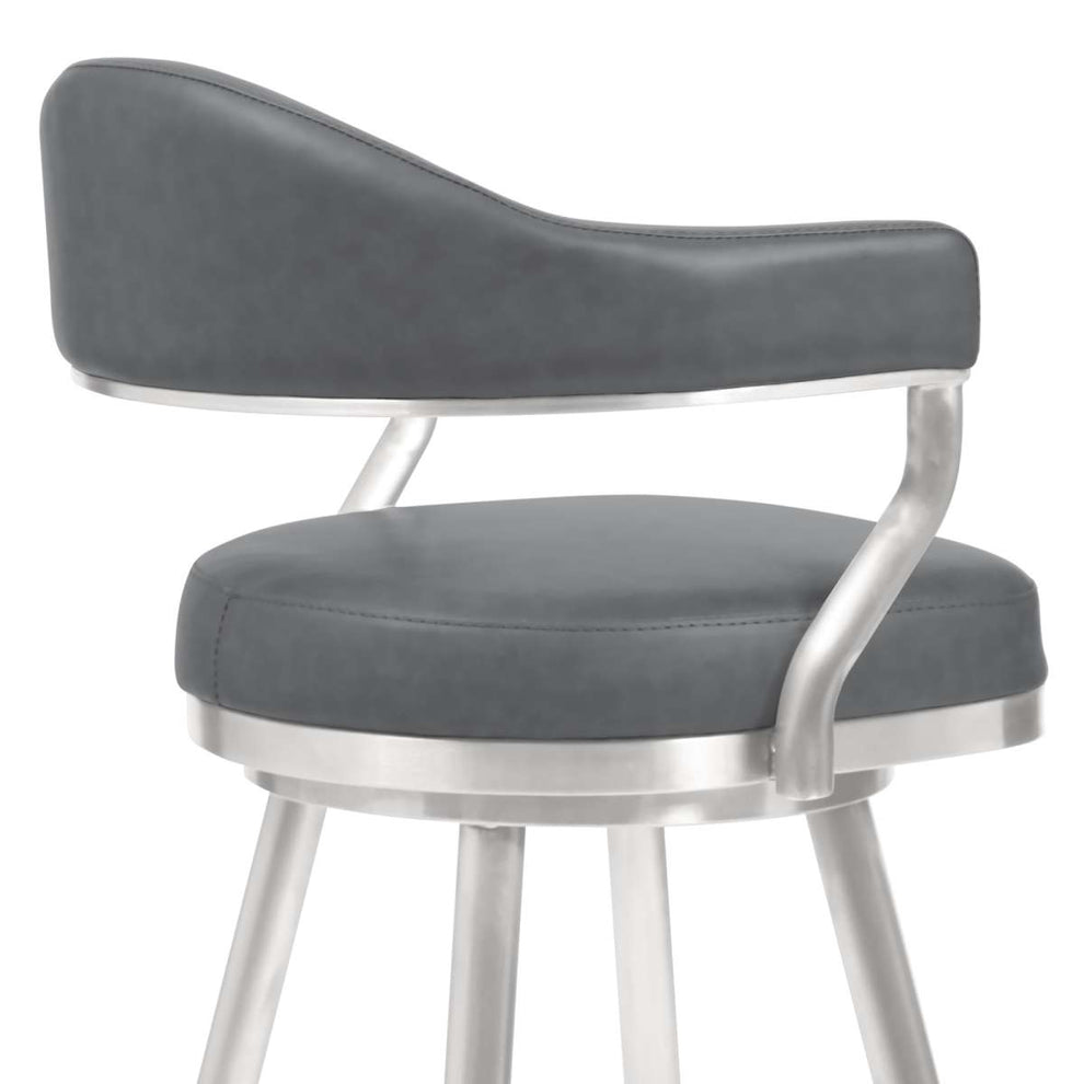 Amador 26" Counter Height Barstool in Brushed Stainless Steel and Vintage Gray Faux Leather By Armen Living | Bar Stools | Modishstore - 3