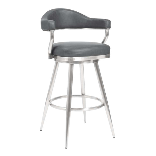 Amador 30" Bar Height Barstool in Brushed Stainless Steel and Vintage Gray Faux Leather By Armen Living | Bar Stools | Modishstore