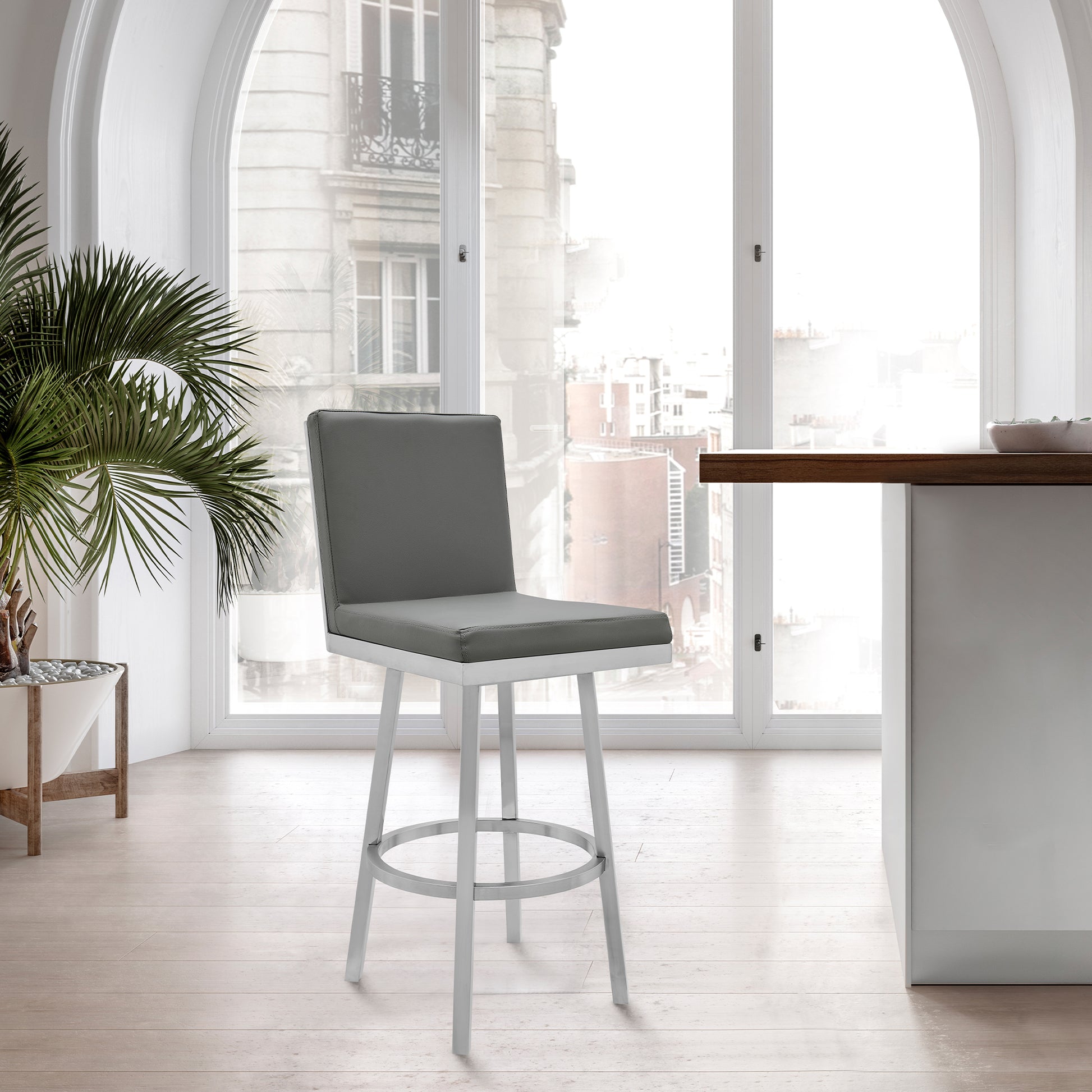 Gem 30" Swivel Modern Metal and Gray Faux Leather Bar and Counter Stool By Armen Living | Counter Stools | Modishstore