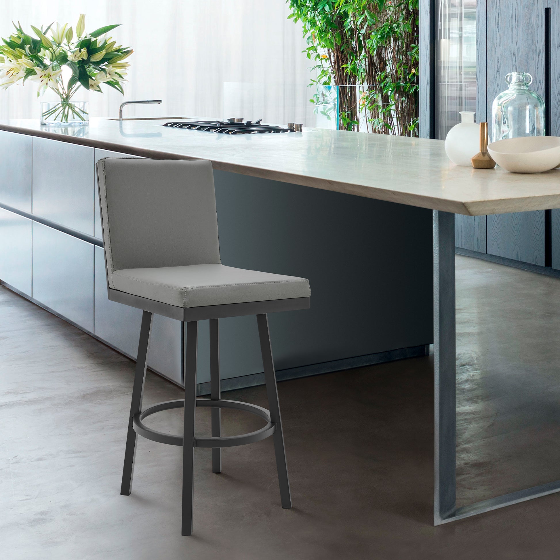 Rochester 26" Swivel Modern Black Metal and Grey Faux Leather Barstool By Armen Living | Bar Stools | Modishstore