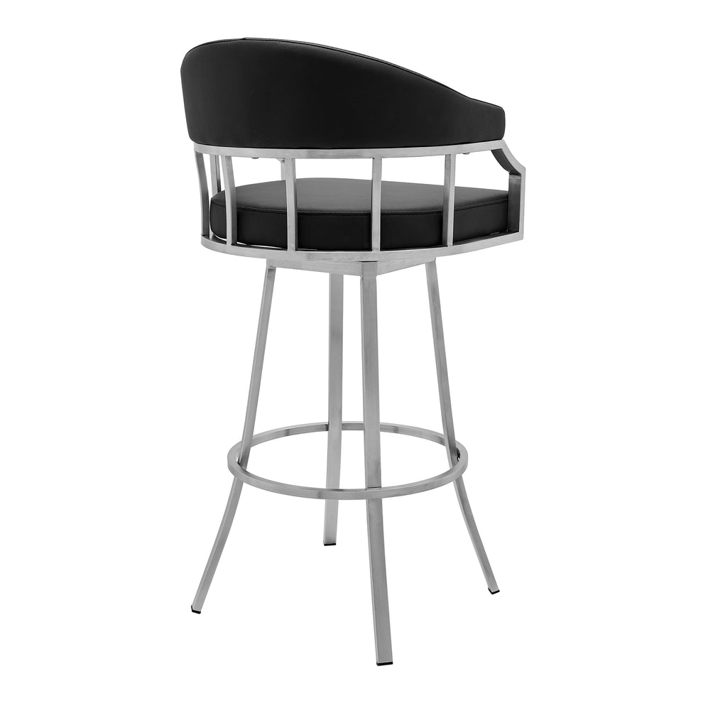 Palmdale Swivel Modern Black Faux Leather 26" Barstool in Brushed Stainless Steel Finish By Armen Living | Bar Stools | Modishstore - 4