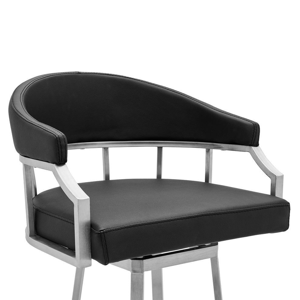 Palmdale Swivel Modern Black Faux Leather 30" Barstool in Brushed Stainless Steel Finish By Armen Living | Bar Stools | Modishstore - 5