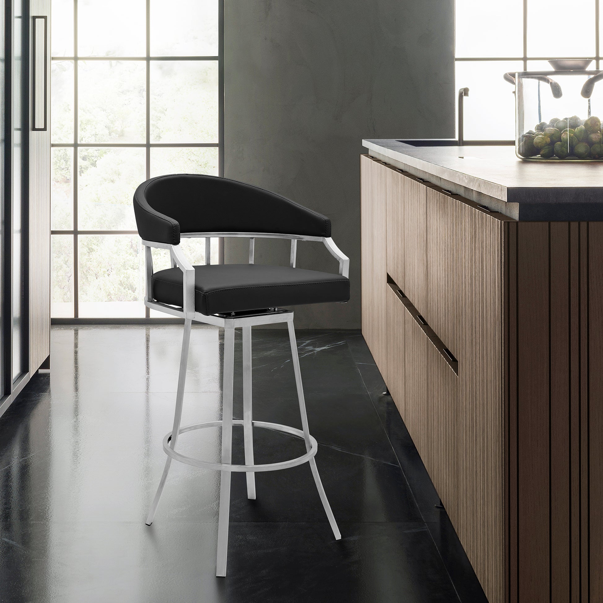 Valerie 30" Bar Height Swivel Modern Black Faux Leather Bar and Counter Stool in Brushed Stainless Steel Finish By Armen Living | Counter Stools | Modishstore