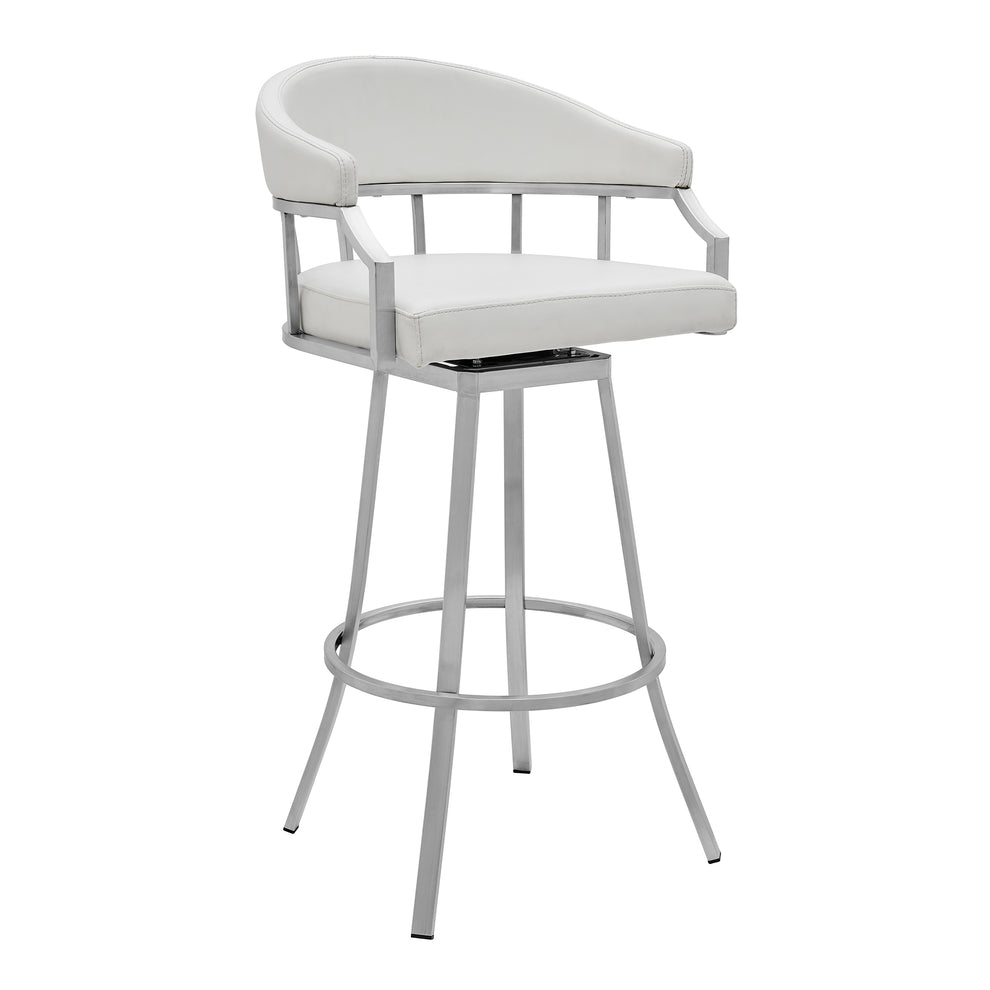 Palmdale Swivel Modern White Faux Leather 26" Barstool in Brushed Stainless Steel Finish By Armen Living | Bar Stools | Modishstore - 2