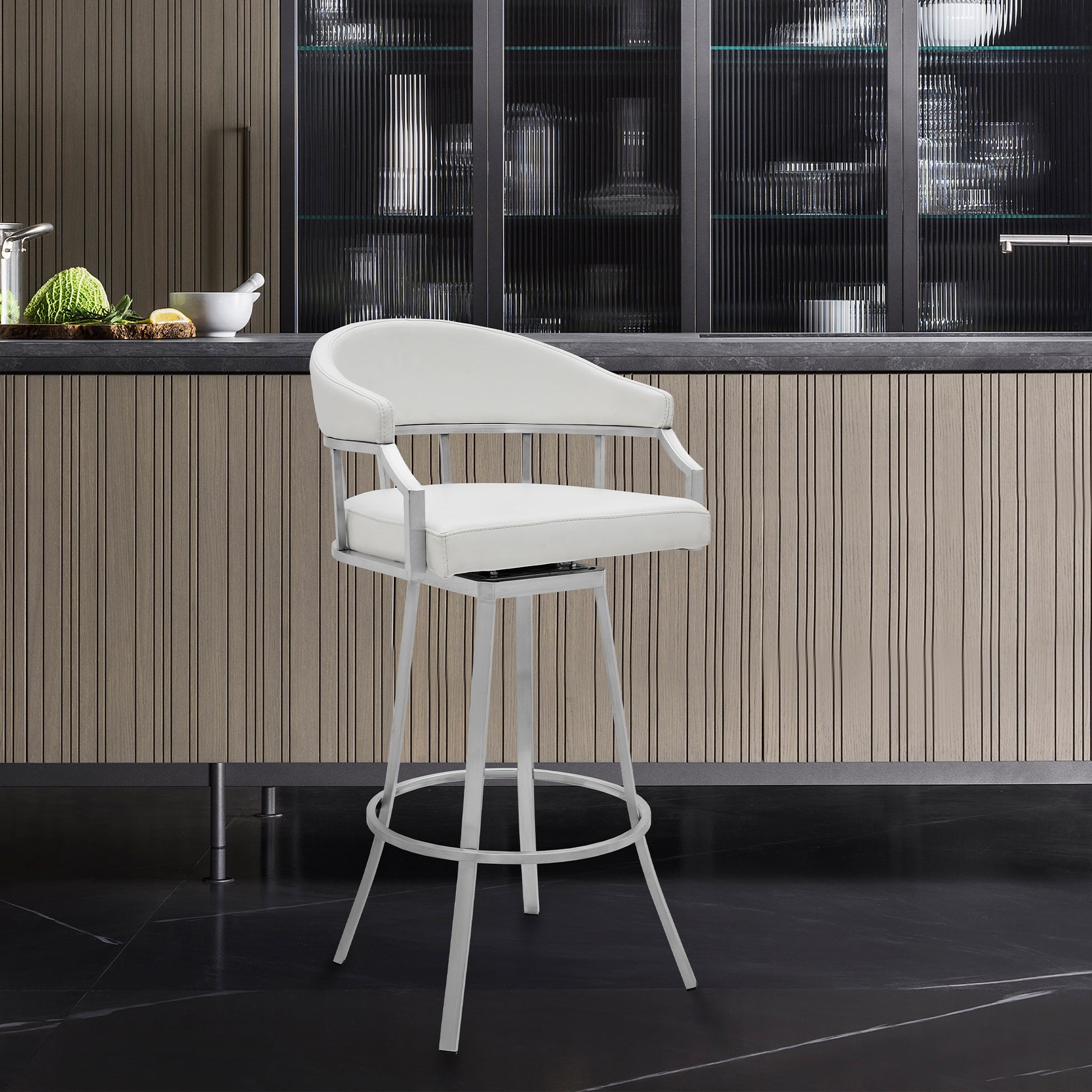 Palmdale Swivel Modern White Faux Leather 26" Barstool in Brushed Stainless Steel Finish By Armen Living | Bar Stools | Modishstore