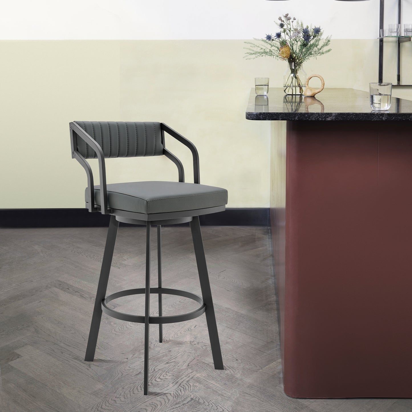 Capri Swivel Modern Black Metal and Slate Gray Faux Leather Bar and Counter Stool By Armen Living | Counter Stools | Modishstore