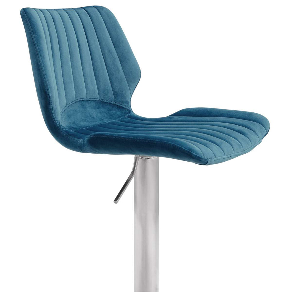 Oneida Adjustable Blue Velvet and Brushed Stainless Steel Bar and Counter Stool By Armen Living | Bar Stools | Modishstore - 3
