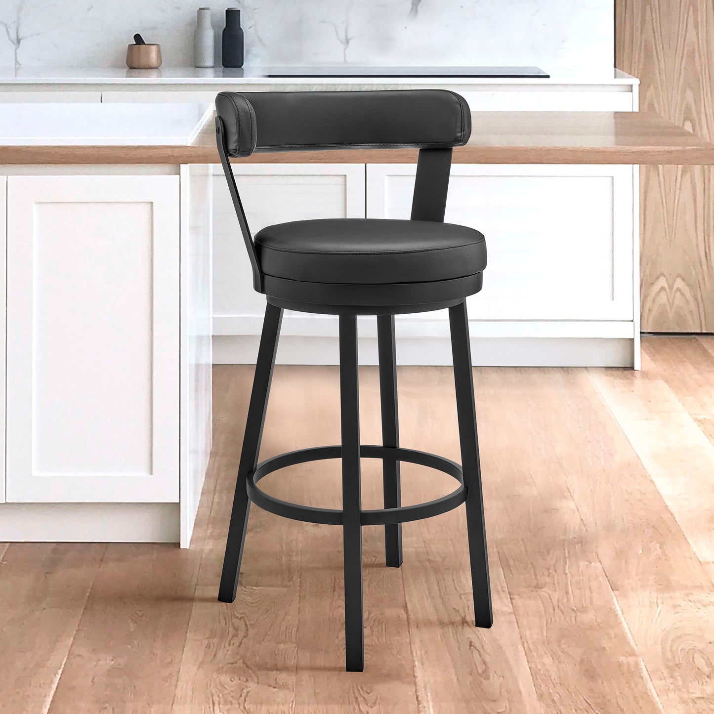 Bryant 30" Bar Height Swivel Bar Stool in Black Finish and Black Faux Leather By Armen Living | Bar Stools | Modishstore