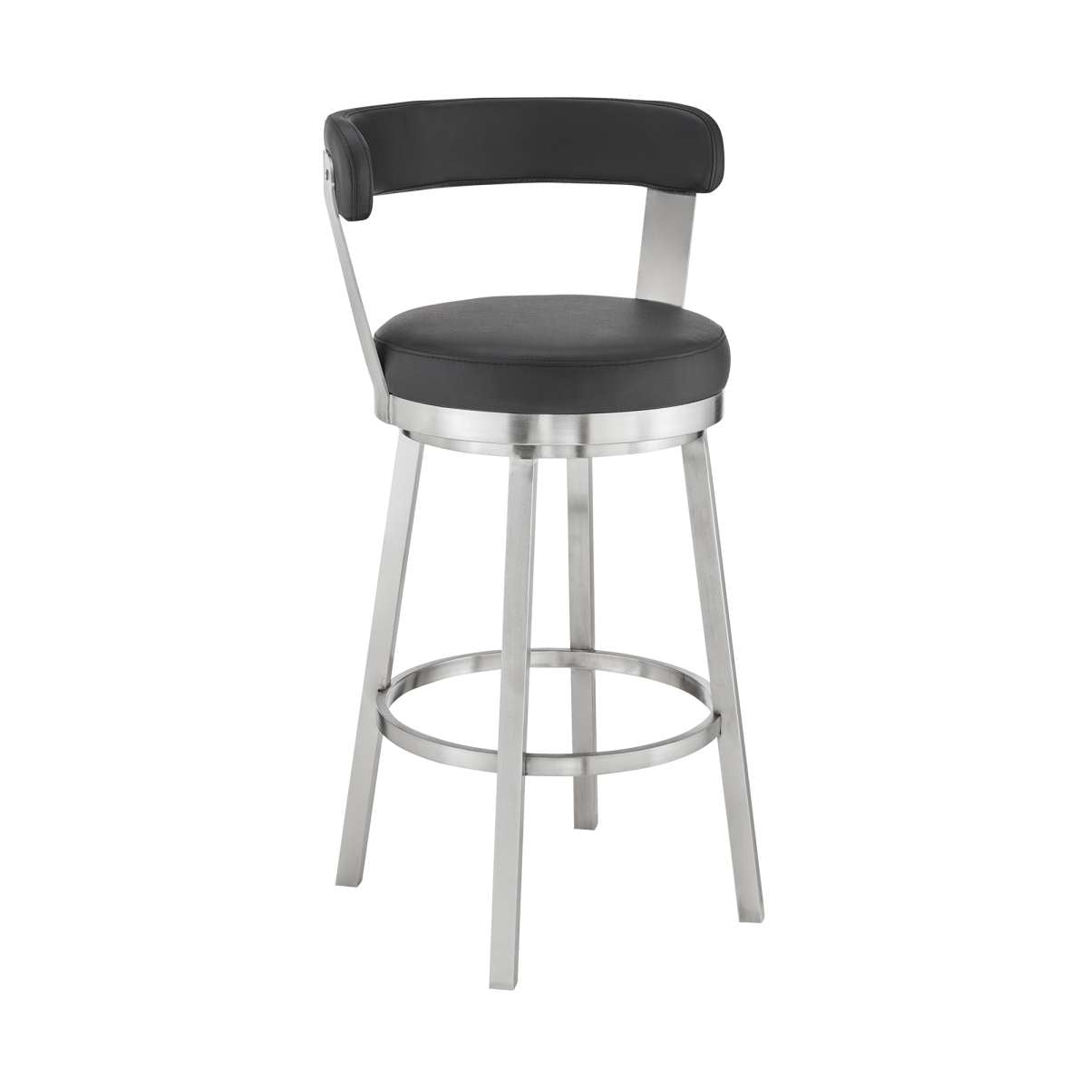 Kobe 26" Counter Height Swivel Bar Stool in Brushed Stainless Steel Finish and Black Faux Leather By Armen Living | Bar Stools |  Modishstore  - 2