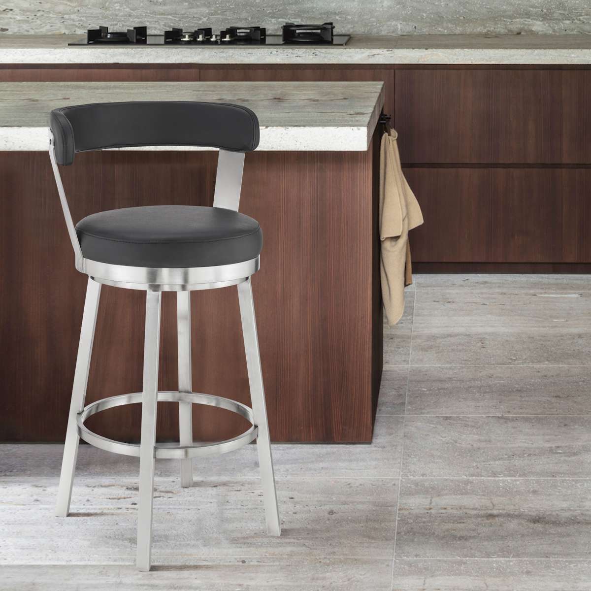 Kobe 26" Counter Height Swivel Bar Stool in Brushed Stainless Steel Finish and Black Faux Leather By Armen Living | Bar Stools |  Modishstore 
