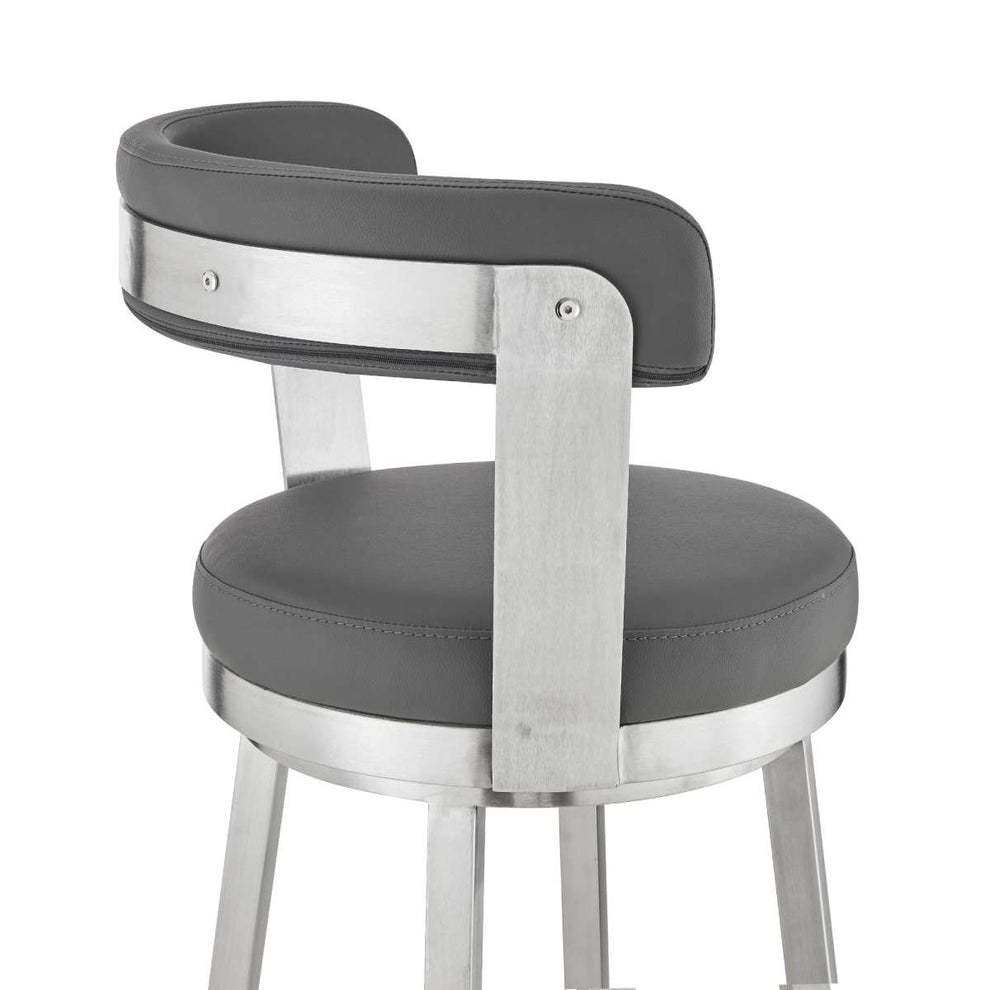 Kobe 26" Counter Height Swivel Bar Stool in Brushed Stainless Steel Finish and Gray Faux Leather By Armen Living | Bar Stools |  Modishstore  - 2