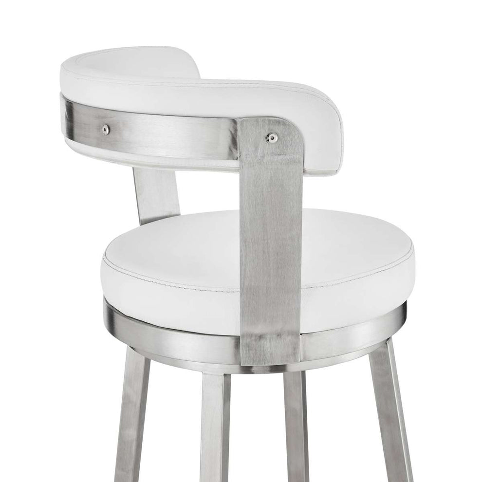 Kobe 26" Counter Height Swivel Bar Stool in Brushed Stainless Steel Finish and White Faux Leather By Armen Living | Bar Stools |  Modishstore  - 8