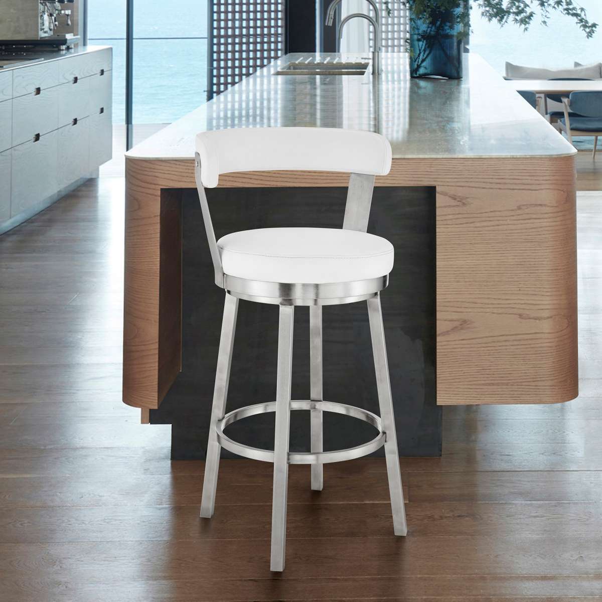 Kobe 26" Counter Height Swivel Bar Stool in Brushed Stainless Steel Finish and White Faux Leather By Armen Living | Bar Stools |  Modishstore 