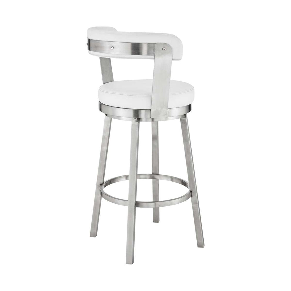 Kobe 30" Bar Height Swivel Bar Stool in Brushed Stainless Steel Finish and White Faux Leather By Armen Living | Bar Stools |  Modishstore  - 8