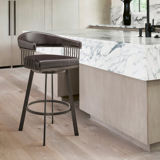 Chelsea 30" Bar Height Swivel Bar Stool in Java Brown Finish and Chocolate Faux Leather By Armen Living | Bar Stools | Modishstore