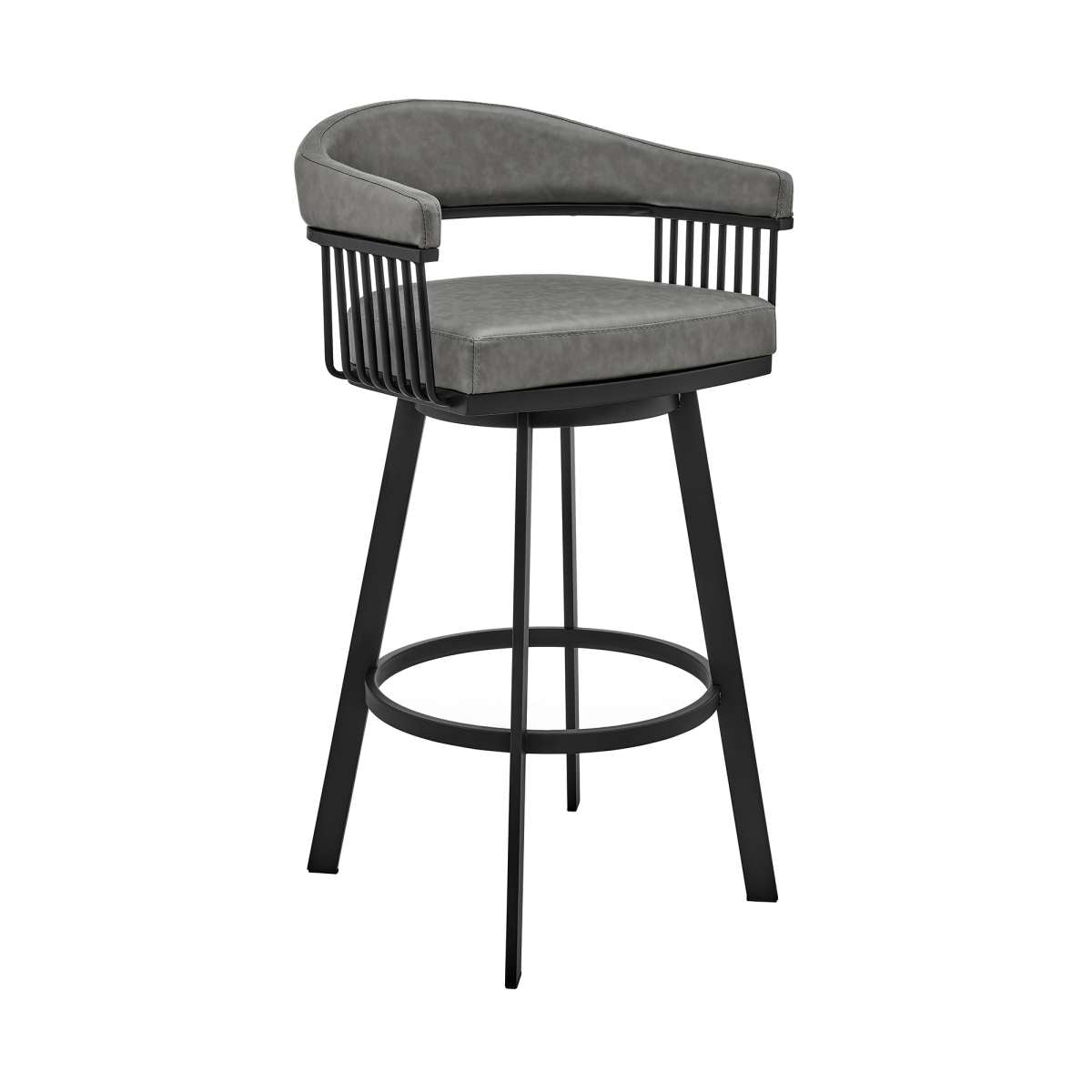 Bronson 30" Bar Height Swivel Bar Stool in Black Finish and Gray Faux Leather By Armen Living | Bar Stools | Modishstore