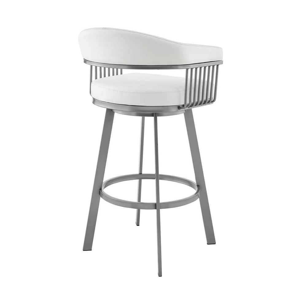 Bronson 26" Counter Height Swivel Bar Stool in Silver Finish and White Faux Leather By Armen Living | Bar Stools | Modishstore - 3