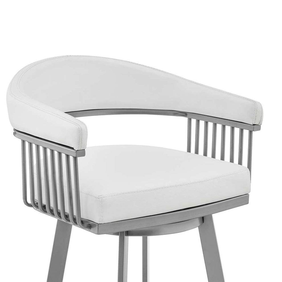 Bronson 26" Counter Height Swivel Bar Stool in Silver Finish and White Faux Leather By Armen Living | Bar Stools | Modishstore - 5