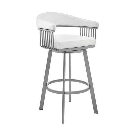 Bronson 30" Bar Height Swivel Bar Stool in Silver finish and White Faux Leather By Armen Living | Bar Stools | Modishstore