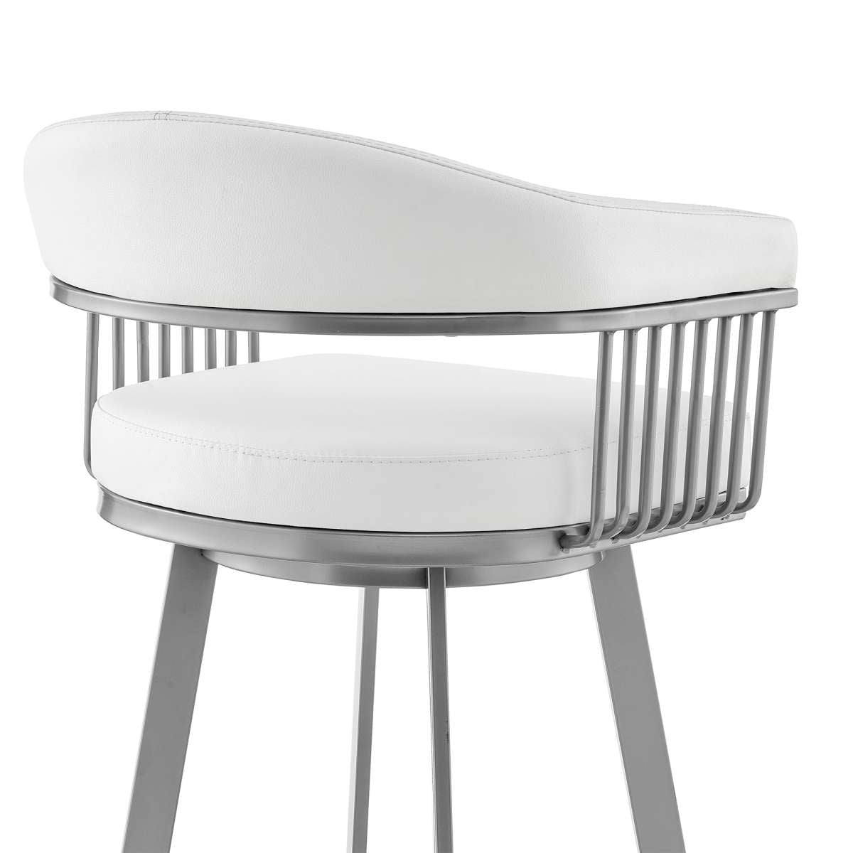 Bronson 30" Bar Height Swivel Bar Stool in Silver finish and White Faux Leather By Armen Living | Bar Stools | Modishstore - 6