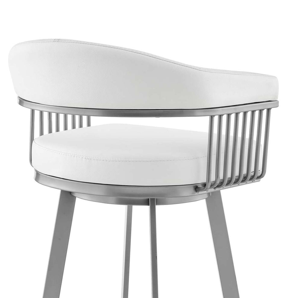 Bronson 30" Bar Height Swivel Bar Stool in Silver finish and White Faux Leather By Armen Living | Bar Stools | Modishstore - 6