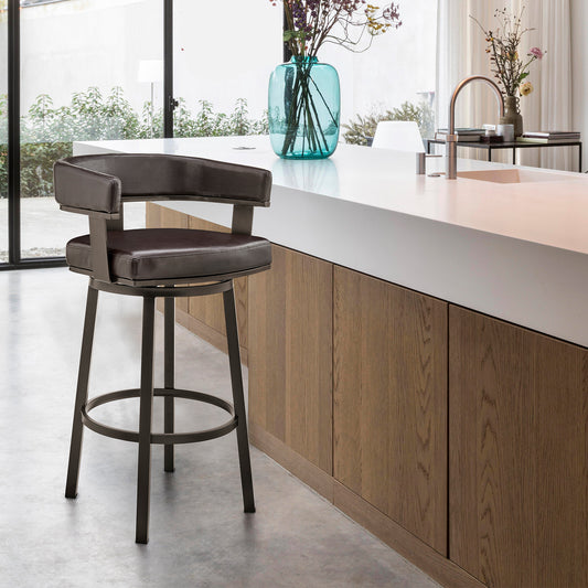 Lorin 26" Counter Height Swivel Bar Stool in Java Brown Finish and Chocolate Faux Leather By Armen Living | Bar Stools | Modishstore