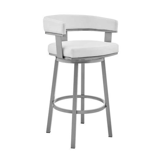 Cohen 30" Bar Height Swivel Bar Stool in Silver Finish with White Faux Leather By Armen Living | Bar Stools | Modishstore