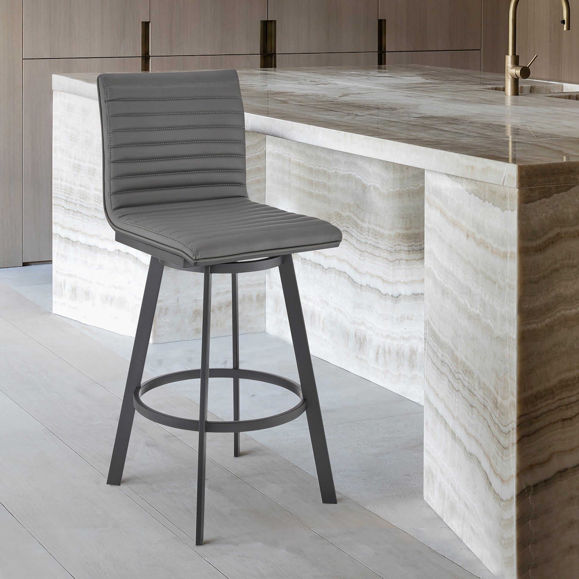 Nikole 30" Bar Height Swivel Bar Stool in Matt Black Finish with Gray Faux Leather By Armen Living | Bar Stools | Modishstore