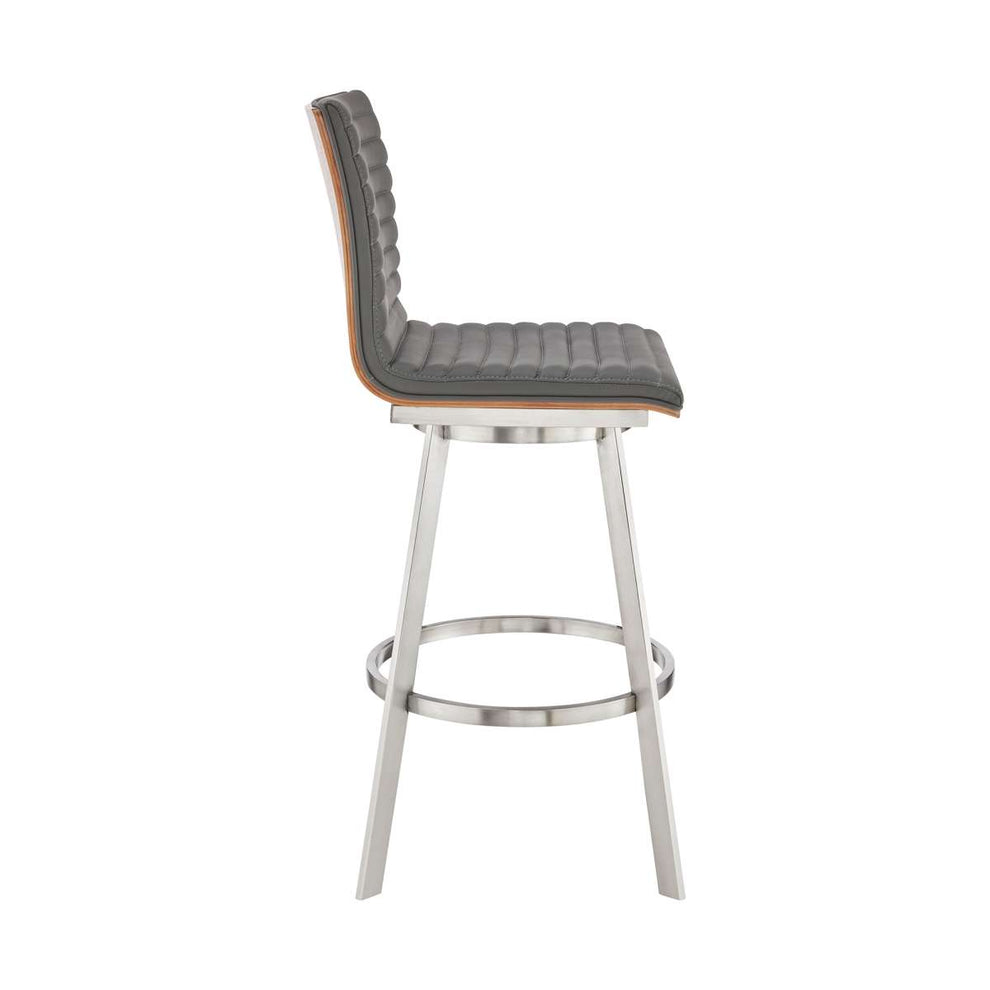 Jermaine 30" Bar Height Swivel Bar Stool in Brushed Stainless Steel Finish and Gray Faux Leather By Armen Living | Bar Stools |  Modishstore  - 6
