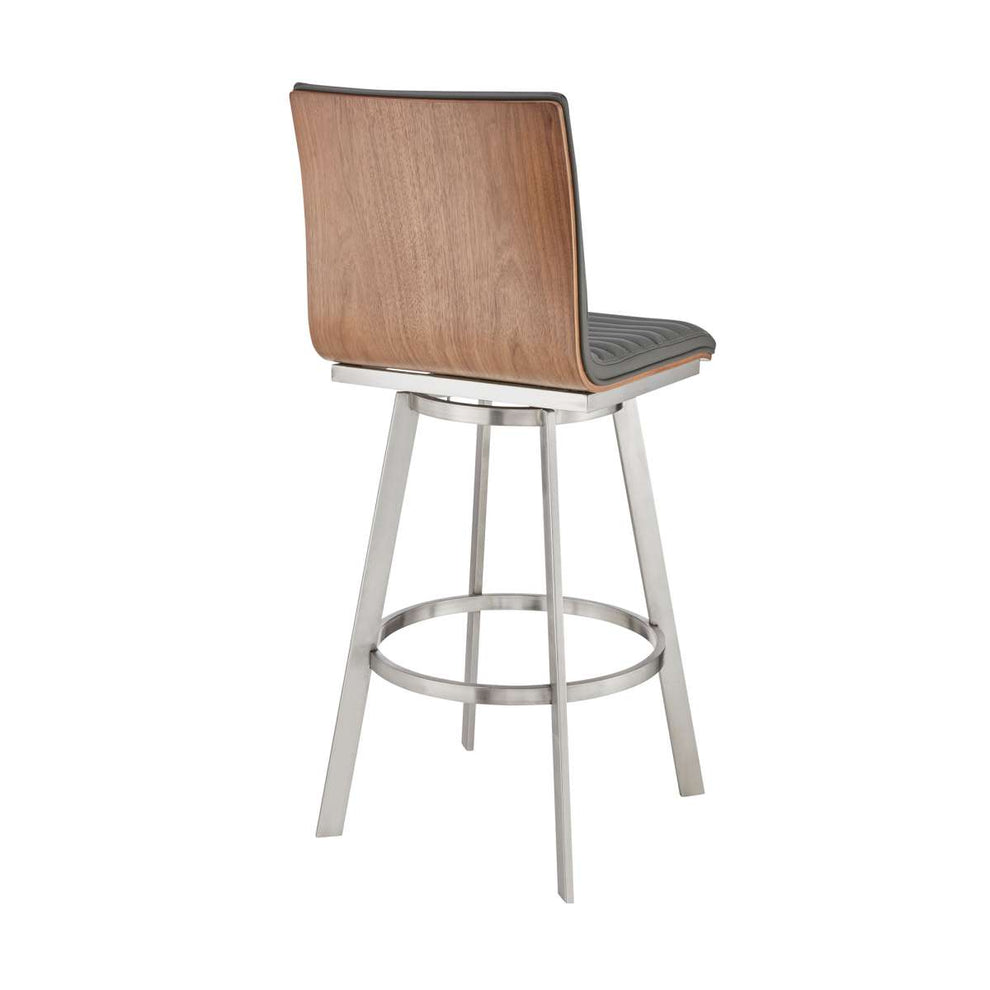 Jermaine 30" Bar Height Swivel Bar Stool in Brushed Stainless Steel Finish and Gray Faux Leather By Armen Living | Bar Stools |  Modishstore  - 7