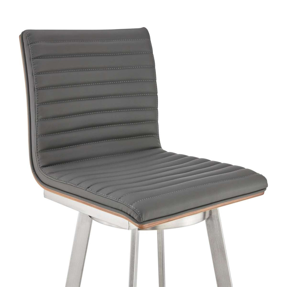 Jermaine 30" Bar Height Swivel Bar Stool in Brushed Stainless Steel Finish and Gray Faux Leather By Armen Living | Bar Stools |  Modishstore  - 2