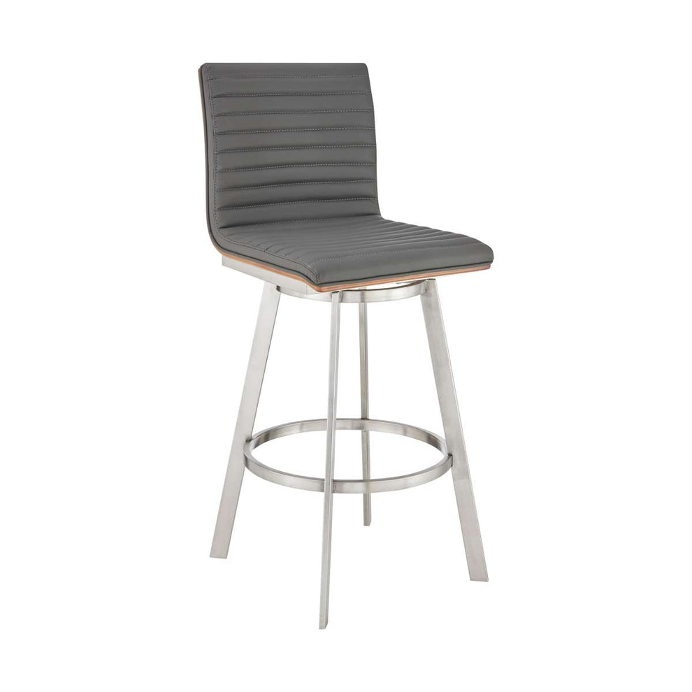Jermaine 30" Bar Height Swivel Bar Stool in Brushed Stainless Steel Finish and Gray Faux Leather By Armen Living | Bar Stools |  Modishstore  - 4