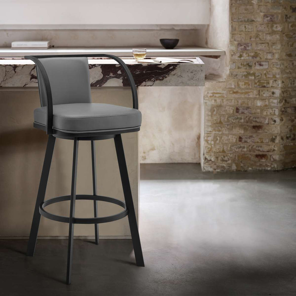 Sandringham 26" Gray Faux Leather and Black Metal Swivel Bar Stool By Armen Living | Bar Stools |  Modishstore 