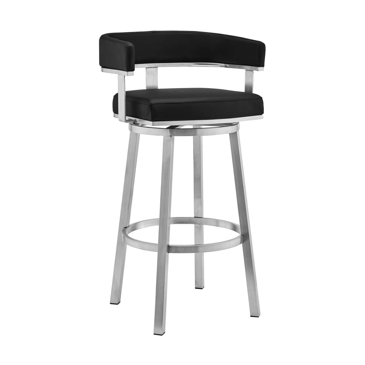 Cohen 26" Black Faux Leather and Brushed Stainless Steel Swivel Bar Stool By Armen Living | Bar Stools |  Modishstore  - 3
