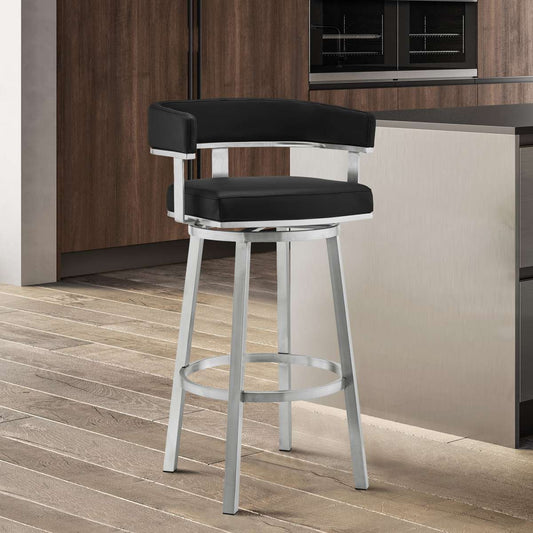 Cohen 26" Black Faux Leather and Brushed Stainless Steel Swivel Bar Stool By Armen Living | Bar Stools |  Modishstore 