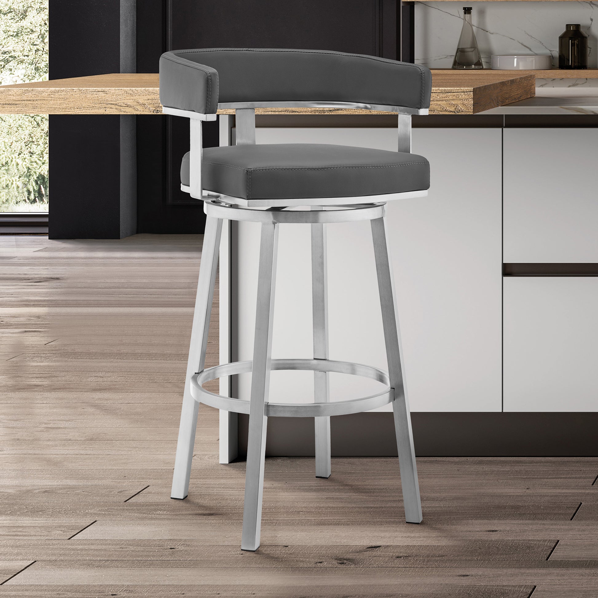 Lorin 30" Gray Faux Leather and Brushed Stainless Steel Swivel Bar Stool By Armen Living | Bar Stools | Modishstore