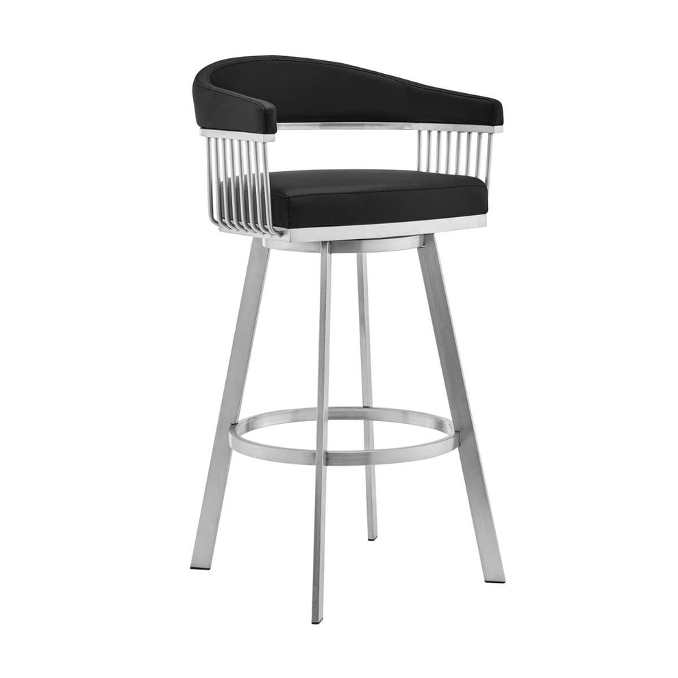 Bronson 30" Black Faux Leather and Brushed Stainless Steel Swivel Bar Stool By Armen Living | Bar Stools |  Modishstore  - 3