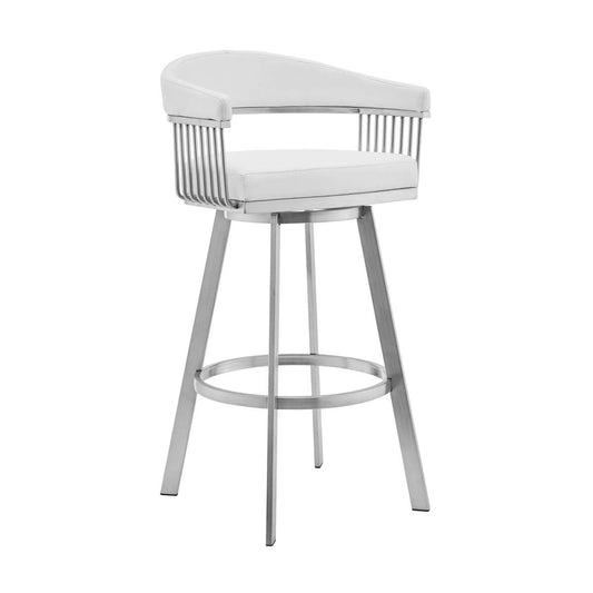 Bronson 26" White Faux Leather and Brushed Stainless Steel Swivel Bar Stool By Armen Living | Bar Stools | Modishstore
